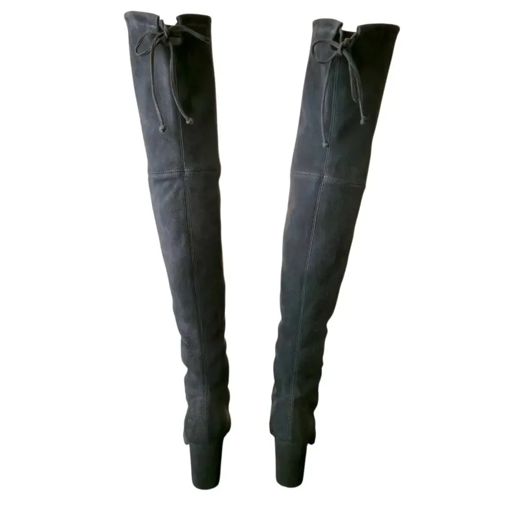 Iconic Stuart Weitzman Tieland Slate Gray Suede Over The Knee Boot 7W Thigh ASO